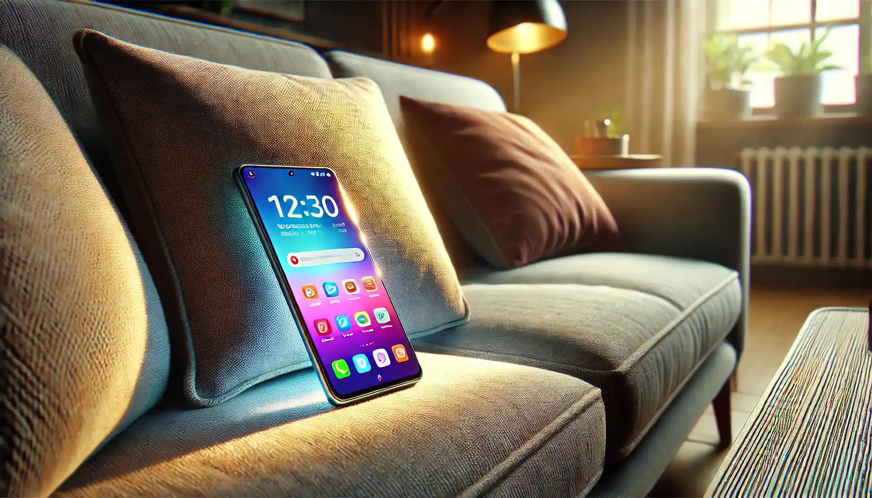 a glowing smartphone lying on a modern and cozy sofa. The screen is turned on, displaying a colorful home screen.