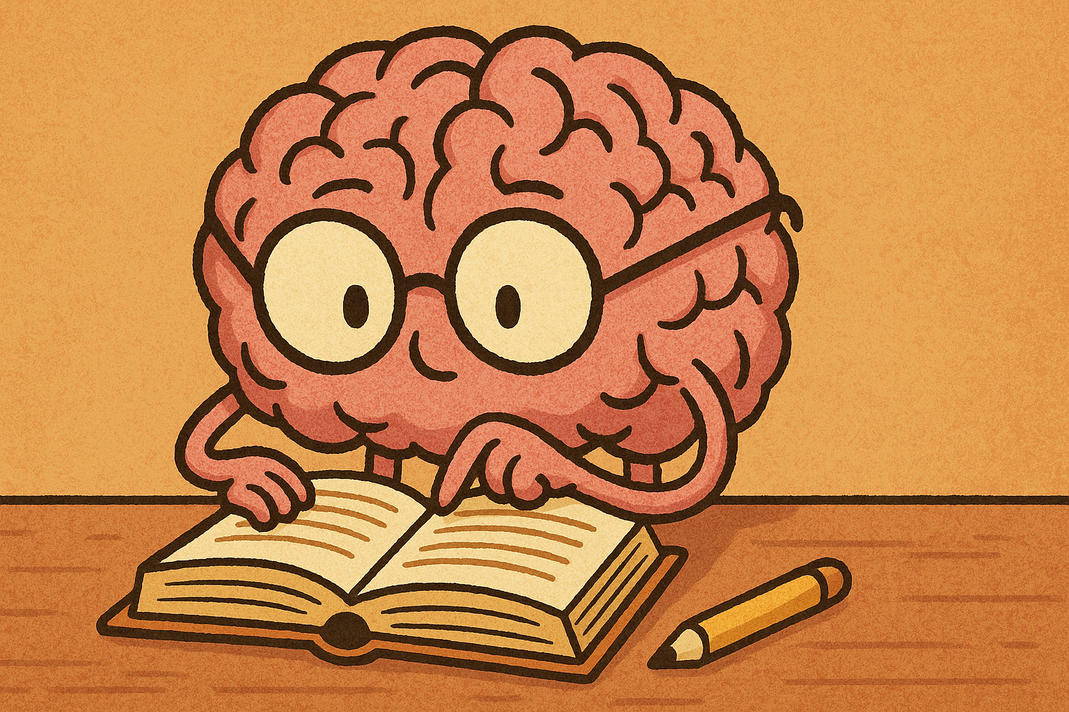 A pink brain wearing large round glasses, sitting at a wooden desk and reading an open book with one hand pointing at the text and a yellow pencil lying nearby.