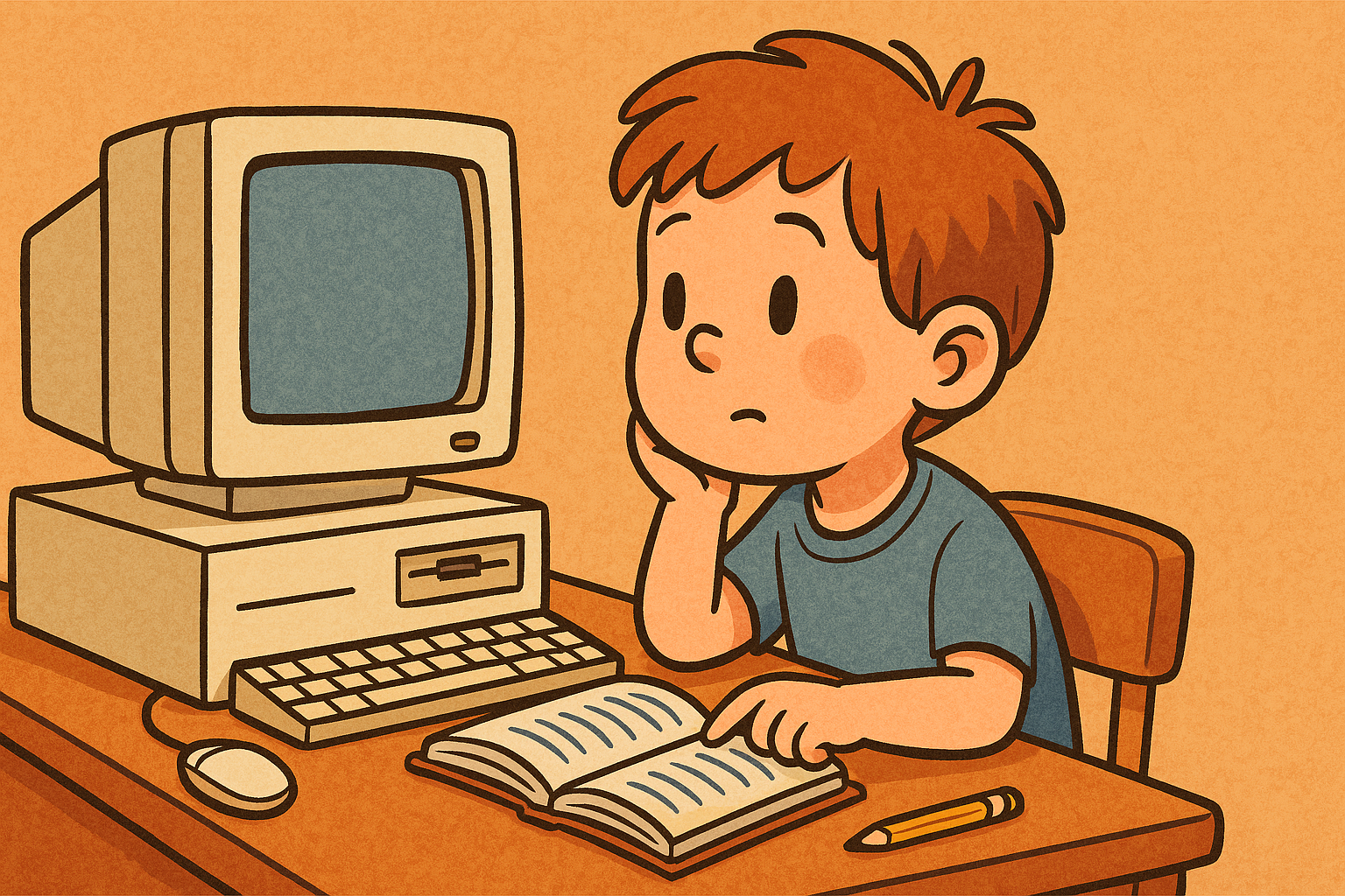 A child sitting at a desk in front of a vintage 1990s beige computer with a bulky monitor, keyboard, and mouse.