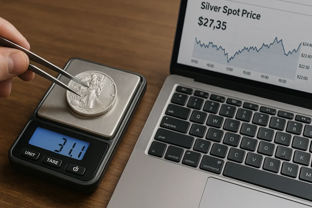 A collector is weighing a silver coin to check its melt value and compare it to market rates.