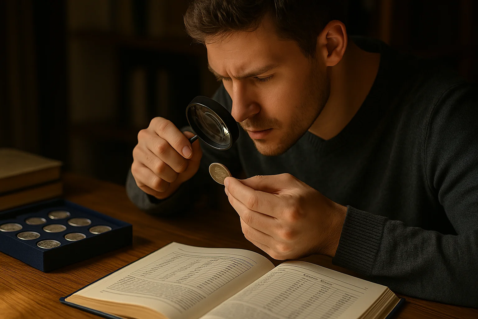 A collector examines a coin under a magnifying glass, evaluating its condition, rarity traits, and overall numismatic value beyond metal content.